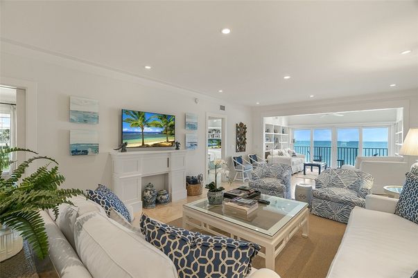Fireplace, Interior, Living room, Recessed Lighting, Water, Wood Texture Flooring