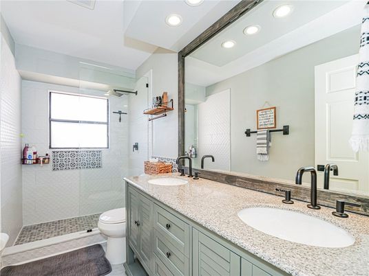 Bathroom, Dual Sink Vanities, Glass Shower, Interior, Recessed Lighting