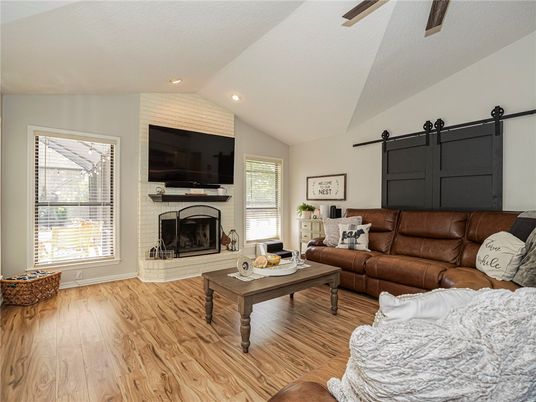 Fireplace, Interior, Living room, Recessed Lighting, Wood Texture Flooring