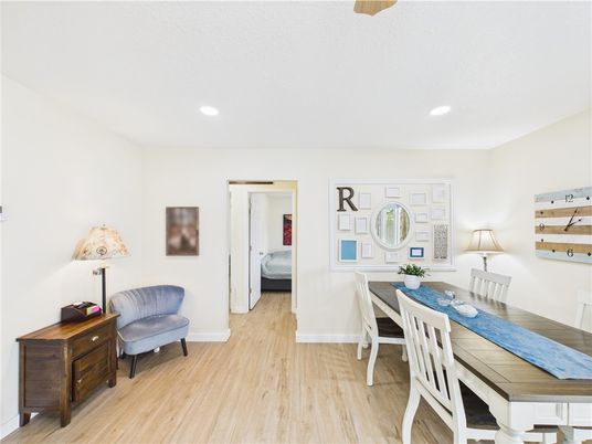 Bedroom, Dining room, Interior, Recessed Lighting, Wood Texture Flooring