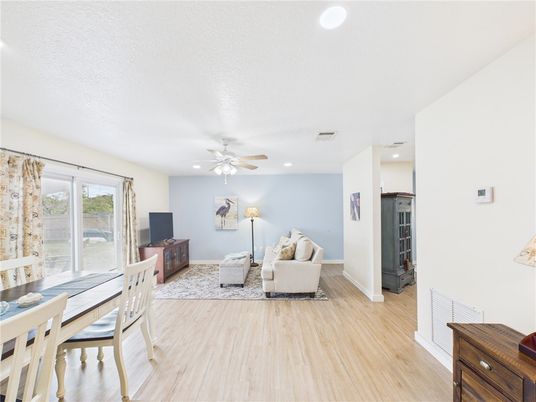 Dining room, Interior, Living room, Recessed Lighting, Wood Texture Flooring