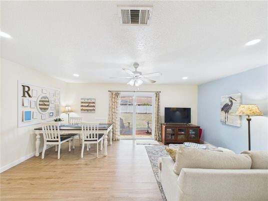 Dining room, Interior, Living room, Recessed Lighting, Wood Texture Flooring