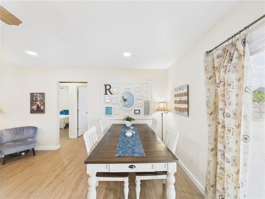 Dining room, Interior, Recessed Lighting, Wood Texture Flooring