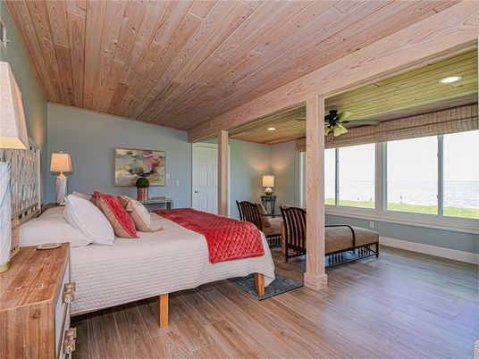 Bedroom, Interior, Recessed Lighting, Wooden Ceilings, Wood Texture Flooring