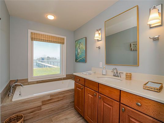 Bathroom, Dual Sink Vanities, Interior, Recessed Lighting, Wood Texture Flooring
