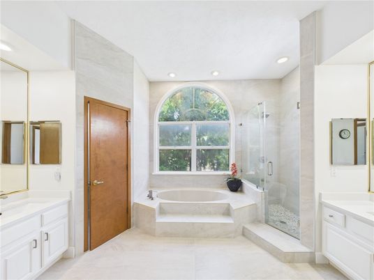 Bathroom, Dual Sink Vanities, Glass Shower, Interior, Recessed Lighting