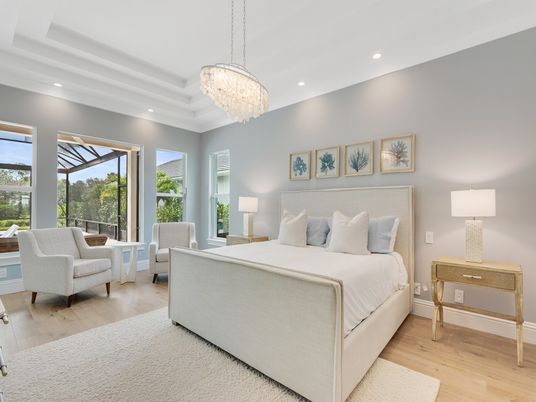 Bedroom, Chandelier, Interior, Recessed Lighting, Wood Texture Flooring