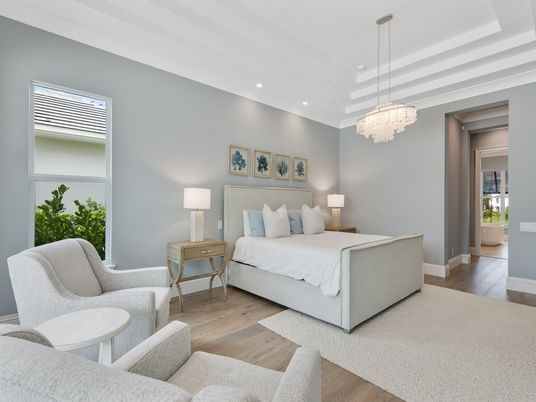 Bedroom, Chandelier, Interior, Recessed Lighting, Wood Texture Flooring