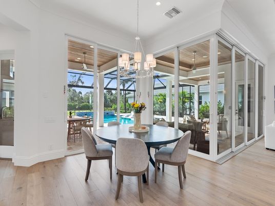 Chandelier, Dining room, Interior, Pendant Lights, Recessed Lighting, Sun Room, Wooden Ceilings, Wood Texture Flooring