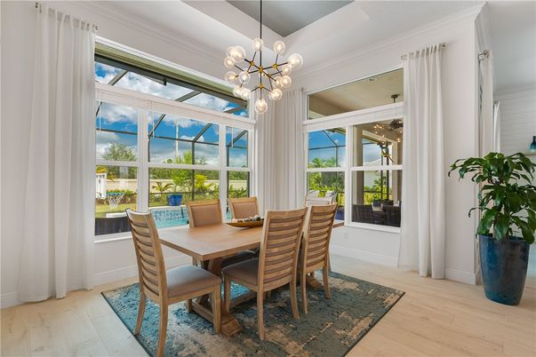 Dining room, Interior, Pendant Lights, Sun Room, Wood Texture Flooring