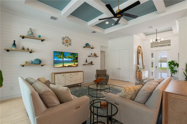 Interior, Living room, Pendant Lights, Recessed Lighting, Wood Texture Flooring