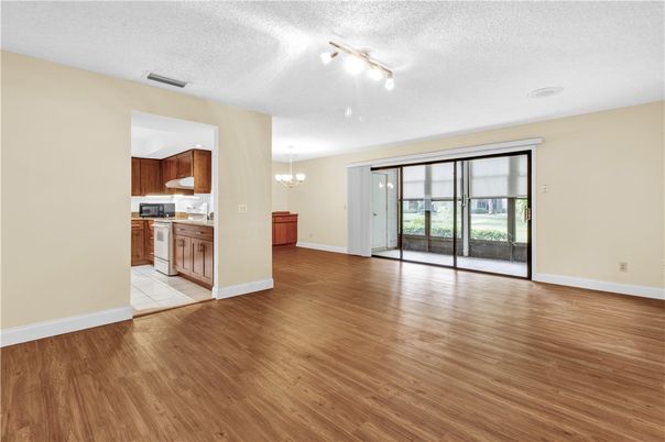 Chandelier, Empty room, Interior, Kitchen, Wood Texture Flooring