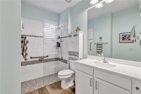 Bathroom, Glass Shower, Interior, Wood Texture Flooring