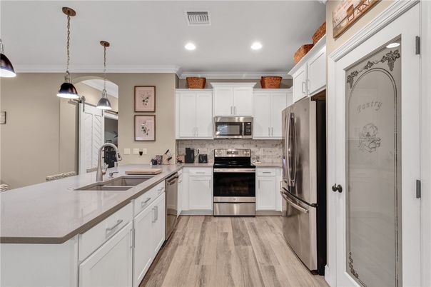 Interior, Kitchen, Pendant Lights, Recessed Lighting, Stainless Steel Appliances, Wood Texture Flooring