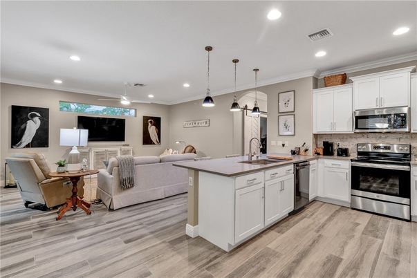 Interior, Kitchen, Living room, Pendant Lights, Recessed Lighting, Stainless Steel Appliances, Wood Texture Flooring
