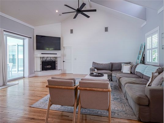 Fireplace, Interior, Living room, Recessed Lighting, Wood Texture Flooring