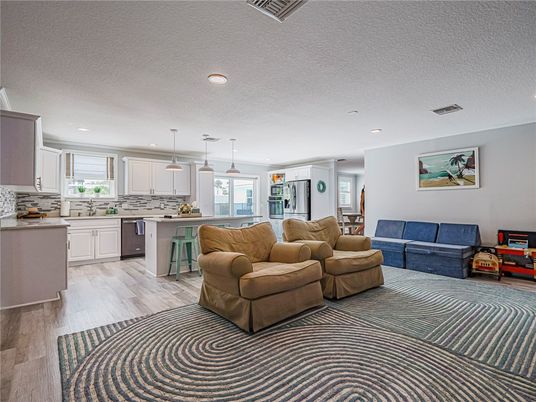 Interior, Kitchen, Living room, Pendant Lights, Recessed Lighting, Wood Texture Flooring