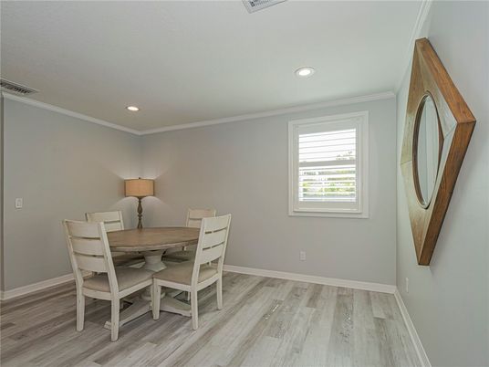 Dining room, Interior, Recessed Lighting, Wood Texture Flooring