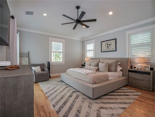 Bedroom, Interior, Recessed Lighting, Wood Texture Flooring