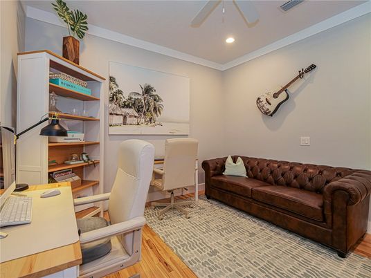 Home Office, Interior, Recessed Lighting, Wood Texture Flooring