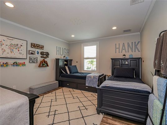 Bedroom, Interior, Recessed Lighting, Wood Texture Flooring