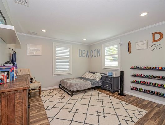 Bedroom, Interior, Recessed Lighting, Wood Texture Flooring
