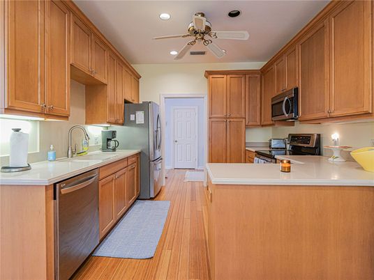 Interior, Kitchen, Recessed Lighting, Wood Texture Flooring