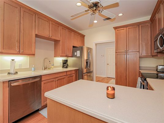 Interior, Kitchen, Recessed Lighting, Stainless Steel Appliances, Wood Texture Flooring