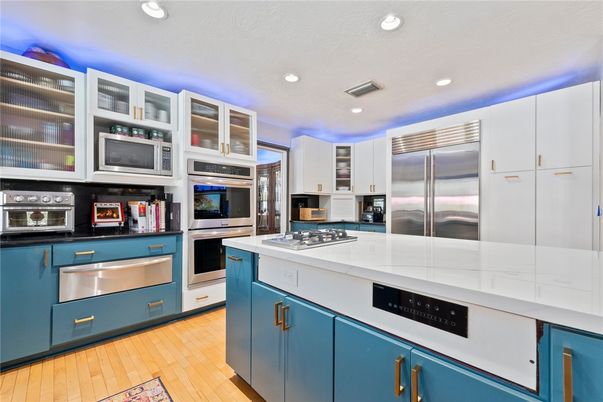Interior, Kitchen, Recessed Lighting, Stainless Steel Appliances, Wood Texture Flooring