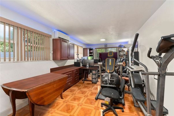 Fitness Equipment, Home Office, Interior, Recessed Lighting, Wood Texture Flooring