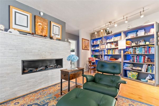 Fireplace, Home Office, Interior, Stone Walls, Wood Texture Flooring