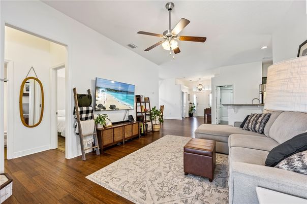 Interior, Living room, Pendant Lights, Recessed Lighting, Wood Texture Flooring