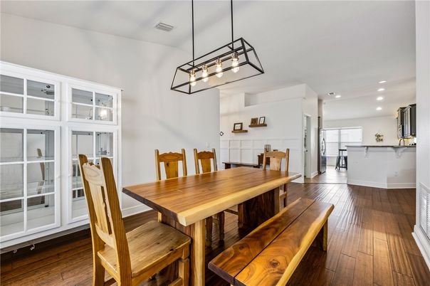 Dining room, Interior, Pendant Lights, Recessed Lighting, Wood Texture Flooring