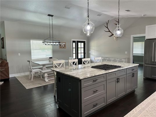 Dining room, Interior, Kitchen, Pendant Lights, Wood Texture Flooring