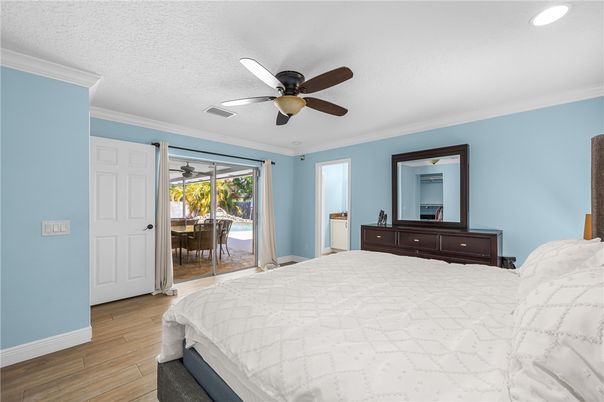 Bedroom, Interior, Recessed Lighting, Wood Texture Flooring