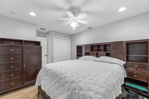 Bedroom, Interior, Recessed Lighting, Wood Texture Flooring