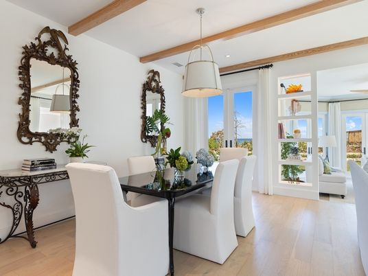 Dining room, Interior, Pendant Lights, Recessed Lighting, Water, Wooden Beams, Wood Texture Flooring