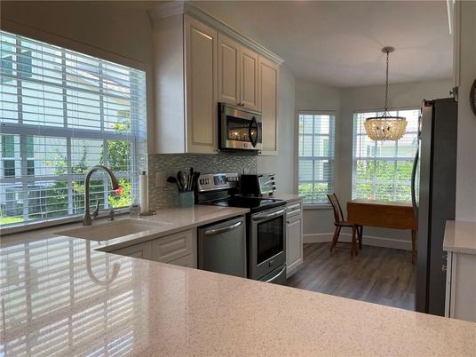 Interior, Kitchen, Pendant Lights, Stainless Steel Appliances, Wood Texture Flooring