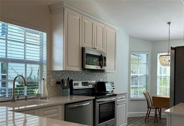 Interior, Kitchen, Pendant Lights, Stainless Steel Appliances, Wood Texture Flooring