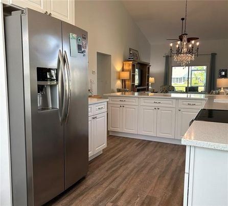 Chandelier, Interior, Kitchen, Stainless Steel Appliances, Wood Texture Flooring