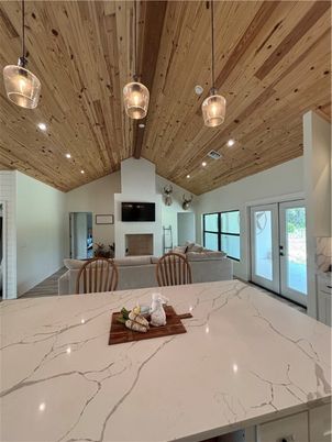 Dining room, Fireplace, Interior, Pendant Lights, Recessed Lighting, Wooden Ceilings