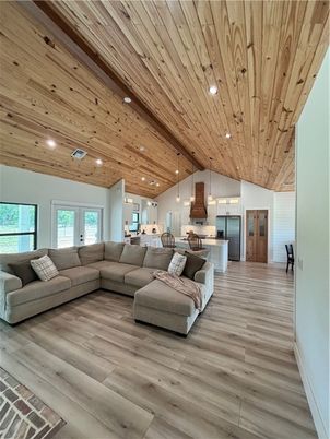Interior, Kitchen, Living room, Pendant Lights, Recessed Lighting, Wooden Ceilings, Wood Texture Flooring