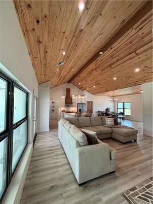 Interior, Kitchen, Living room, Pendant Lights, Recessed Lighting, Wooden Ceilings, Wood Texture Flooring