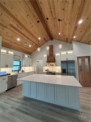 Interior, Kitchen, Pendant Lights, Recessed Lighting, Stainless Steel Appliances, Wooden Ceilings, Wood Texture Flooring