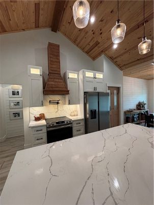 Interior, Kitchen, Pendant Lights, Recessed Lighting, Wooden Beams, Wooden Ceilings, Wood Texture Flooring