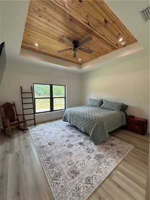 Bedroom, Interior, Recessed Lighting, Wooden Ceilings, Wood Texture Flooring