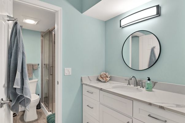 Bathroom, Glass Shower, Interior, Wood Texture Flooring