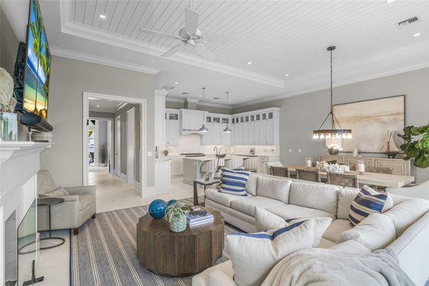 Chandelier, Dining room, Fireplace, Interior, Kitchen, Living room, Pendant Lights, Recessed Lighting