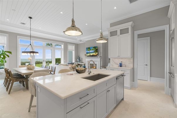 Dining room, Fireplace, Interior, Kitchen, Living room, Pendant Lights, Recessed Lighting, Water