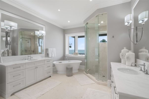Bathroom, Dual Sink Vanities, Free Standing Baths, Glass Shower, Interior, Recessed Lighting, Water